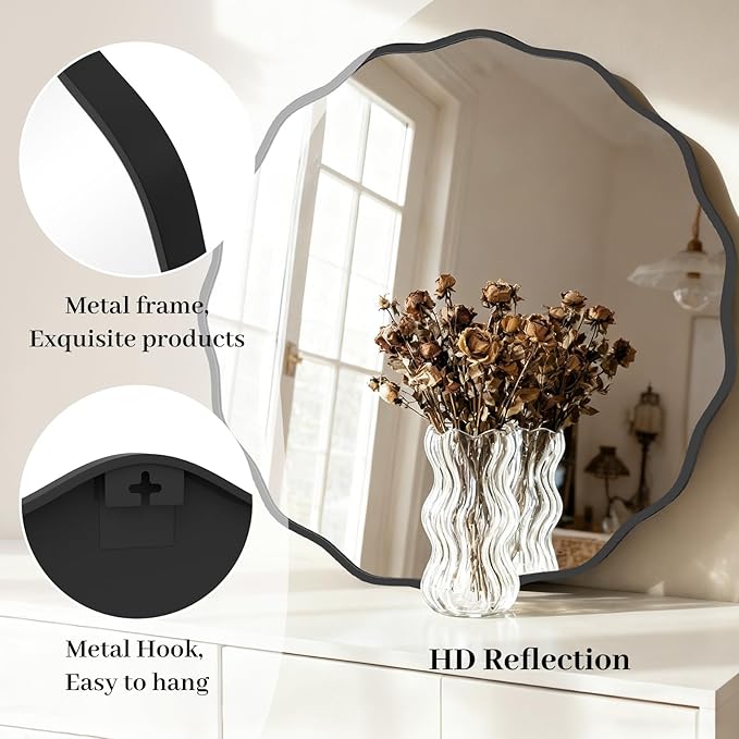 HOMECOOKIN 32" Wavy Round Wall Mirror, Black Scalloped Circle Mirror Edge Round with Metal Frame, Modern Decorative Hanging/Leaning Mirrors for Bathroom, Hotels, Hallway, Entryway, Vanity, Office
