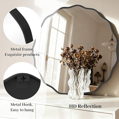 HOMECOOKIN 32" Wavy Round Wall Mirror, Black Scalloped Circle Mirror Edge Round with Metal Frame, Modern Decorative Hanging/Leaning Mirrors for Bathroom, Hotels, Hallway, Entryway, Vanity, Office