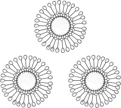 Black Mirrors 3 Piece, Sunburst Mirror Hanging Wall Decor, 9 inch Decorative Mirrors Wall Art, Rhinestone Round Mirror for Bedroom, Valentine, Kitchen, House Warming Valentine Gifts