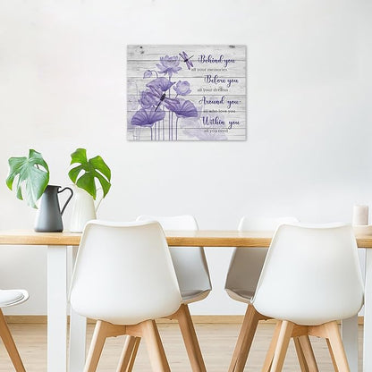 LB Purple Floral Inspirational Wall Art Flower and Dragonfly on Wood Board Canvas Wall Art Motivational Wall Decor for Living Room Bedroom Bathroom Home Framed Ready to Hang 8L x 10W Inch