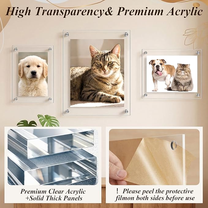 Novabright 8x10, 5x7, 4x6 Inch Acrylic Floating Picture Gallery Frame Set 10 Pack 3 Size Wall Mount Clear Picture Floating Frame Bulk Double Panel Hanging Photo Frameless Frames Office Home Display