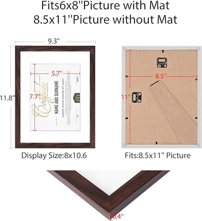 8.5x11 Picture Frame Set of 6, Certificate Document Frame, Diploma Frame, Display Pictures 6x8 with Mat or 8.5x11 Without Mat, Brown