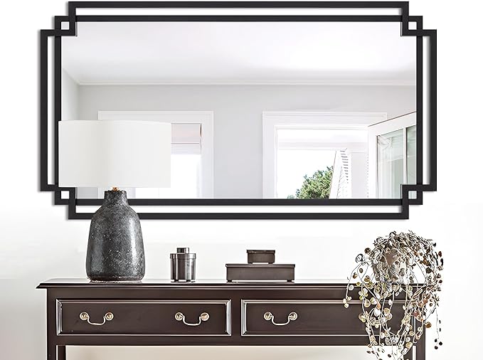 24" x 47" Large Black Mirror for Wall Decor, Elegant Living Room Mirror with Irregular and Rectangular Metal Frame, Modern Bathroom Mirror Above Sink