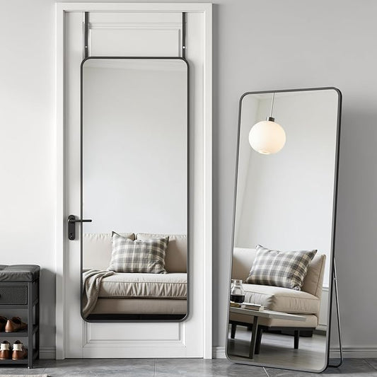 Antok Over The Door Mirror Full Length, 58'' x 21''Wall Mounted Hanging Mirror, Aluminum Alloy Frame, Shatterproof Glass, No Drill Installation for Bedroom, Closet, Bathroom, Dorm, Round Corner,Black