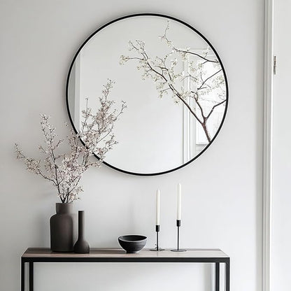 Oruii Round Mirror 28 inch, Large Black Circle Mirror Metal Frame, Large Black Circular Mirrors for Living Room, Dining Room, Entryway, Hallway, Foyer, Bathroom, Wall