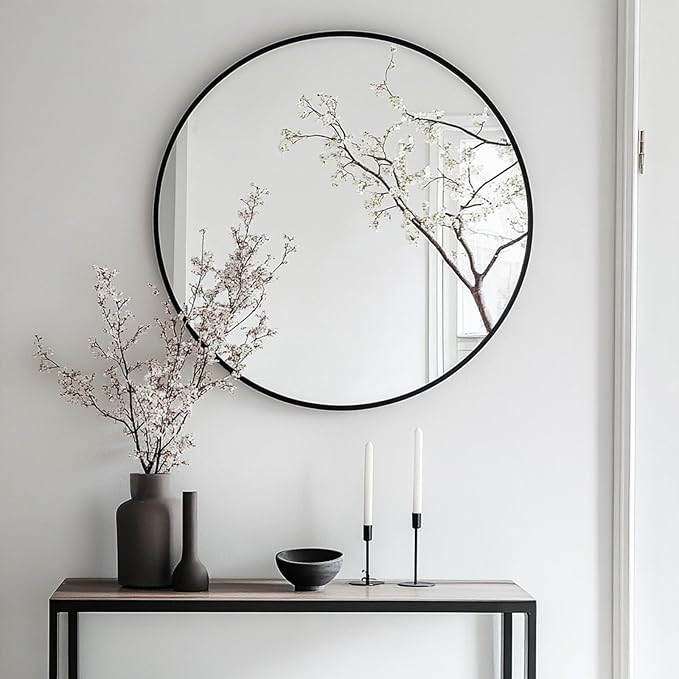 Oruii Black Circle Mirror, 22 inch Round Mirror Metal Frame, Black Bathroom Mirrors for Bedroom, Bathroom, Living Room, Over Sink, Rustic, Vanity