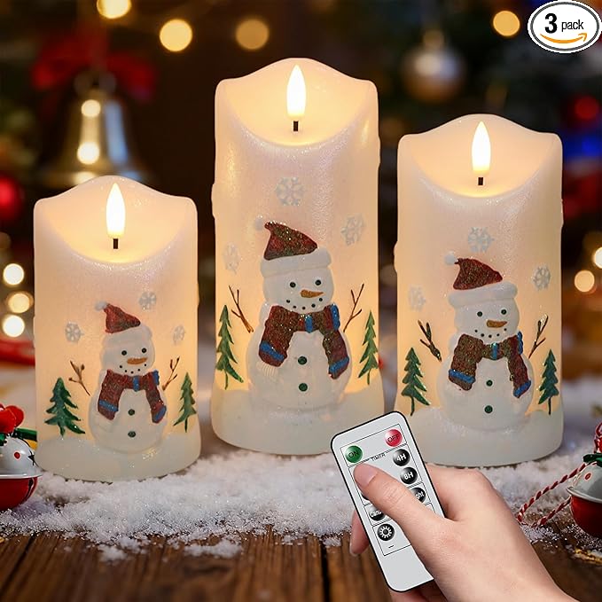 Snowman Flameless Candles Battery Operated with Remote and Timer Real Wax 3D Wick Flickering LED Pillar Candles Color Painted Carved Snowflake Christmas Holiday Decor(3" D x 5", 6", 7" H)