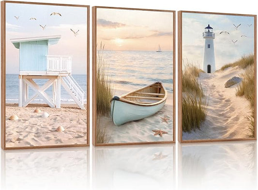 KAlRNE Modern Coastal Framed Canvas Wall Art Set of 3(16”X24”),Neutral Beach Sailboat Wall Decor,Ocean Lighthouse Picture,Photography Seagull Seascape Art Prints For Living Room Bedroom Office