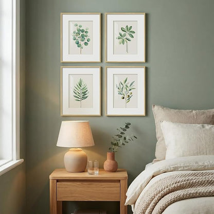 Framed Sage Green Botanical Wall for Kitchen, 4 Piece Minimalist Modern Farmhouse Plant Artwork for Walls, Boho Green Leaf Picture Prints for Kitchen Bathroom Bedroom Living Room Decor, 8x10 Inch
