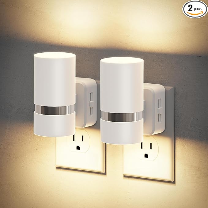 JandCase Night Lights Plug into Wall, Automatic Night Light with Dusk to Dawn, 2 Pack 3000K Soft Warm 0-100LM Dimmable Plug in LED Nightlight for Bedroom, Hallway, Stairs