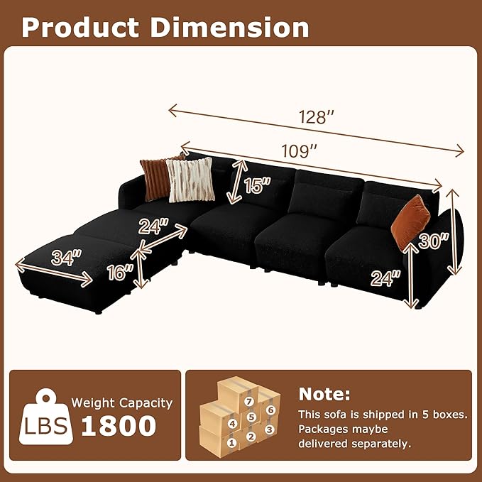 U Shaped Cloud Sectional, Convertible L Shaped Couch with Removable Ottomans,Modular Cloud Couch Sectional for Living Room (4 Set + 2 Ottomans - Black)