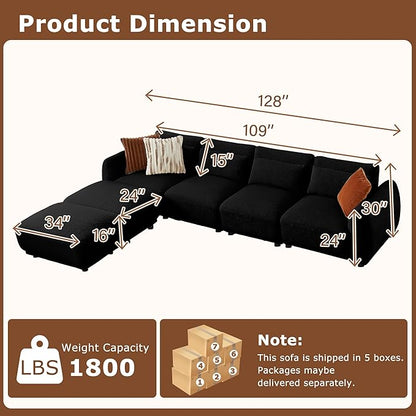 U Shaped Cloud Sectional, Convertible L Shaped Couch with Removable Ottomans,Modular Cloud Couch Sectional for Living Room (4 Set + 2 Ottomans - Black)