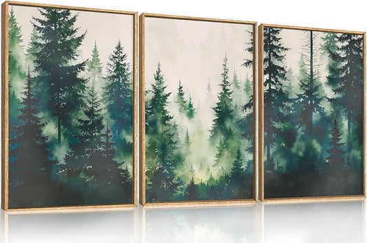 Misty Forest Landscape Framed Canvas Wall Art Set, Nature Green Pine Tree Wall Decor, Calming Greenery Boho Scenery Artwork Watercolor Modern Foggy Print for Living Room,Bedroom-24 x36 x3