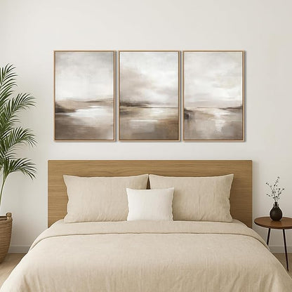SAFERRYHOME Neutral Abstract Framed Wall Art - Minimalist Modern Nordic Calm Canvas Print Set, Landscape Shapes Earth Tone Illustrations Decor for Living Room, Bedroom - 3 Panels 16x24 Inch