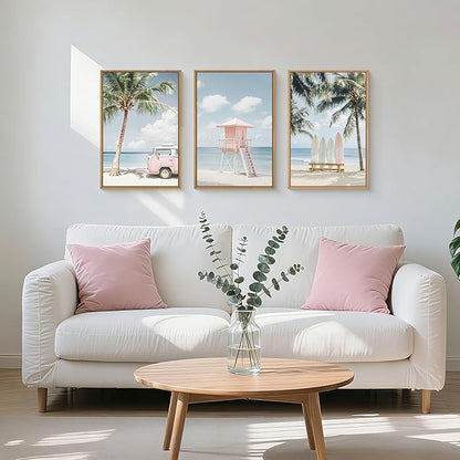 Celestdeco Large Beach Seascape Ocean Framed Canvas Wall Art Set,Modern Coastal Surfboard Palm Tree Wall Decor,Summer Pink Van Artwork for Living Room,Bedroom,Dining Room,Office-16 x24 x3