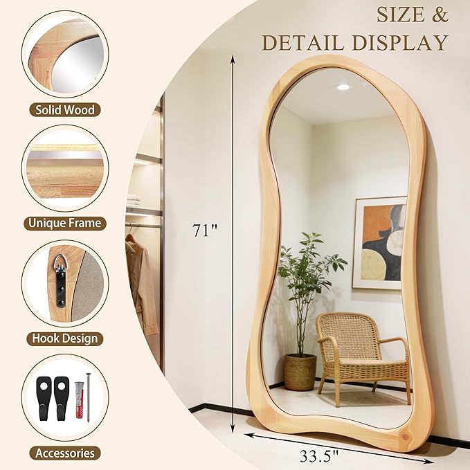 Irregular Full Length Mirror, 71"x33.5" Asymmetrical Full Body Mirrors with Solid Wood Frame, Premium Oversized Organic Floor Mirror for Living Room Entryway Cloakroom, Leaning/Hanging