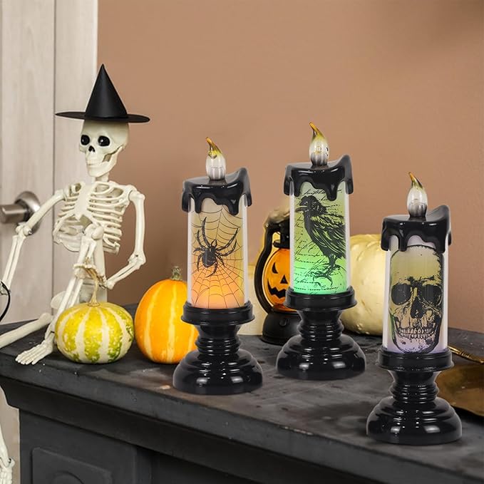 Halloween Flameless Flickering Candle Lights with Remote Timer, Battery Operated LED Candle Lamp Spooky Skull Crow Spider Decals and Lights Indoor Decor(3 Pack, 2.8" D x 7.8" H)