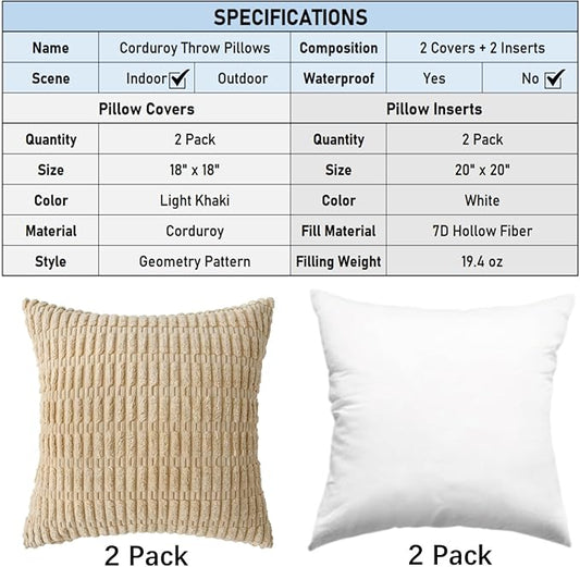 2 Pack Corduroy Decorative Throw Pillow with Inserts, 18x18 Inch Soft Boho Throw Pillow, Square Striped Throw Pillows for Couch, Bed, Sofa Decor (Creamy Beige)