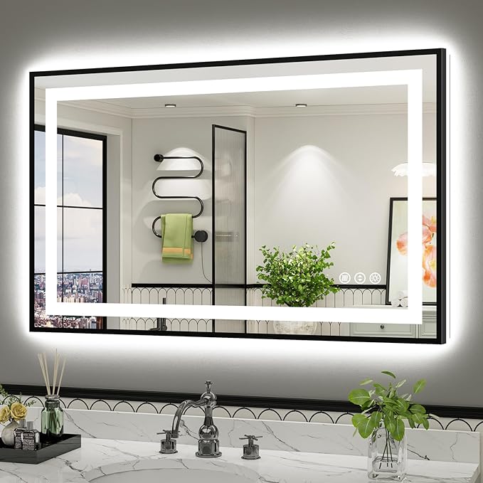 48x30 Inch LED Bathroom Mirror with Black Frame, Backlit & Front Lit, Anti-Fog Lighted Bathroom Vanity Mirror for Wall, Memory Function, Dimmable, HD Tempered Glass, Shatter-Proof