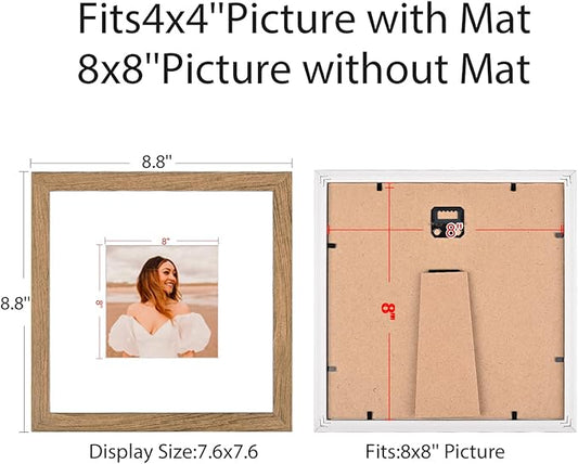 8x8 Picture Frame Set of 9, Display Pictures 4x4 with Mat or 8x8 without Mat, Multi Collage Gallery Square Photo Frames for Wall or Tabletop,Light Brown