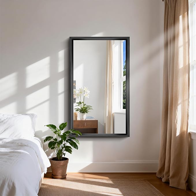CIRCUMI 24"x40" Brushed Black Mirror with Chunky Box Metal Frame, Bathroom Mirror for Vanity Remodel & New Home, Living Room, Entryway, Rectangular Wall Mirror, Tempered Glass, Vertical or Horizontal