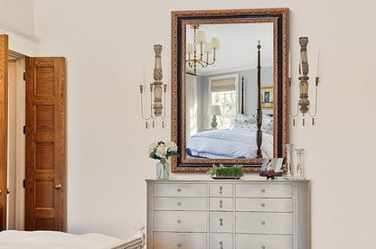 Bronze Accent Mirror 41.5" X 30", Antique Mirror | Handmade Aging 3D Carvings Wood Frame | Vintage Farmhouse Decor for Entryway, Living Room, Bathroom and Bedroom