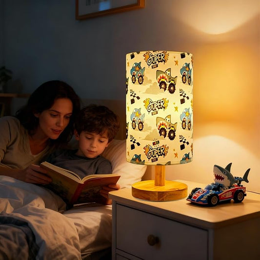 Shark Night Light Lamp for Boys Bedroom - 3-Way Dimmable Nursery Lamp with Wood Base & Linen Shade, Boho Kids Room Decor, Safe Baby Gift for Boys, Toddlers,Nursery, Teens