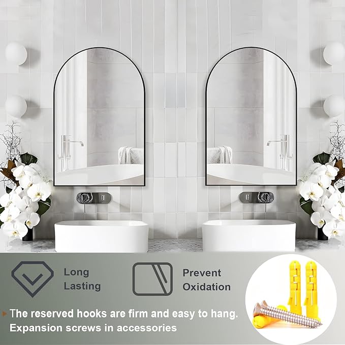 Wall Mounted Mirror, Arched Wall Mirror for Bathroom, 20"x30" Arch Bathroom Mirror with Metal Frame, 2 Piece Black Vanity Mirror Decor for Mantle, Bedroom, Entryway
