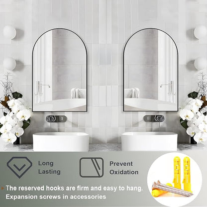Wall Mounted Mirror, Arched Wall Mirror for Bathroom, 20"x30" Arch Bathroom Mirror with Metal Frame, 2 Piece Black Vanity Mirror Decor for Mantle, Bedroom, Entryway