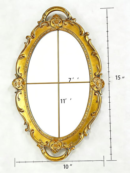 Vintage Oval Resin Wall Mirror, Wall-Mounted Decorative Mirror, Vanity Tray for Entryway, Corridor, Bedroom, Living Room Dressing Table (Vintage Gold 15X10 Inch)