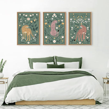 KAIRNE Sage Green Cheetah Framed Canvas Wall Art Set,Boho Leopard Floral Wall Decor,Abstract Animal Wildflower Art Prints,Modern Botanical Artwork for Living Room,Bedroom,Farmhouse,Office-16 x24 x3