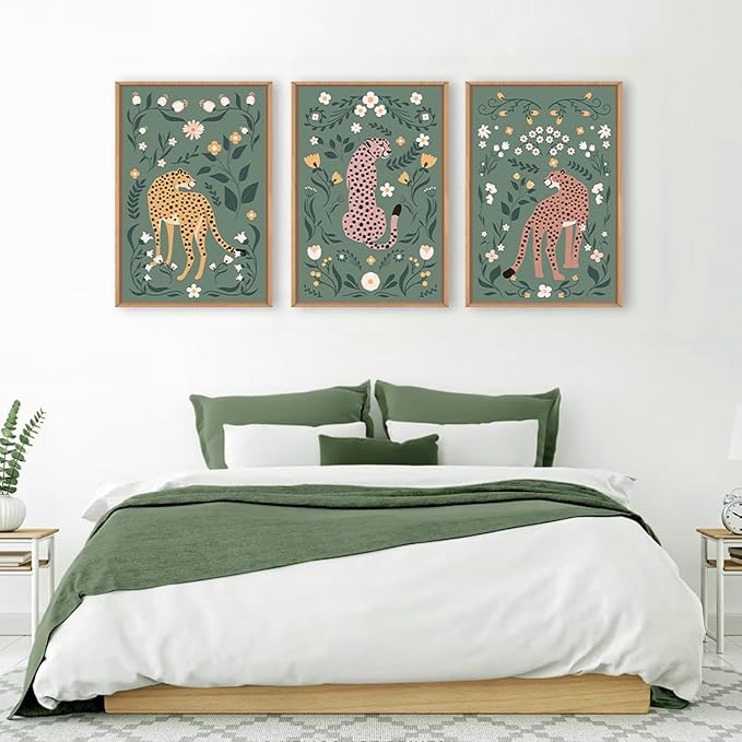 KAIRNE Sage Green Cheetah Framed Canvas Wall Art Set,Boho Leopard Floral Wall Decor,Abstract Animal Wildflower Art Prints,Modern Botanical Artwork for Living Room,Bedroom,Farmhouse,Office-24 x36 x3