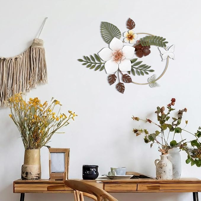 3D Metal Flower Wall Decor - 13.78'' Gold Circle Floral Wall Art with Green Tropical Leaves and Butterflies, Modern Boho Rustic Hanging Sculpture for Living Room Bedroom Bathroom Entryway Kitchen