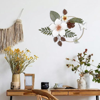 3D Metal Flower Wall Decor - 13.78'' Gold Circle Floral Wall Art with Green Tropical Leaves and Butterflies, Modern Boho Rustic Hanging Sculpture for Living Room Bedroom Bathroom Entryway Kitchen