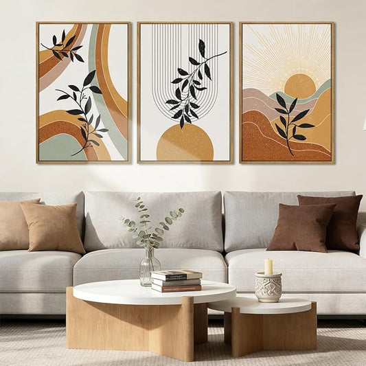 BINCUE Large Boho Framed Wall Art Painting Mid Century Modern Decor Prints for Living Room Bedroom Bathroom 16x24 Inch 3 Pieces