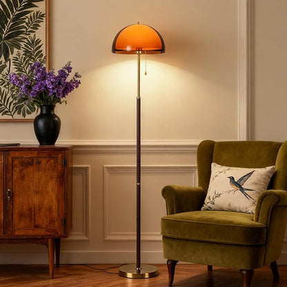 Tea Brown Dome Acrylic Shade Floor Lamp with Pull Chain,Mushroom Standing Lamp with Golden Base,Mid Century Modern Floor Light for Living Room Bedroom and Office
