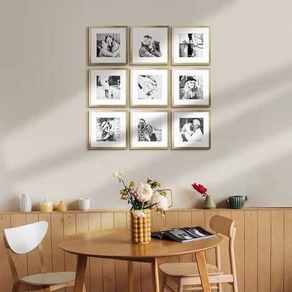 ArtbyHannah Photo Collage Frames for Wall, 10x10 Inch Square Picture Frame for Living Room or Staircase Decoration (Gold, 9 Pack)