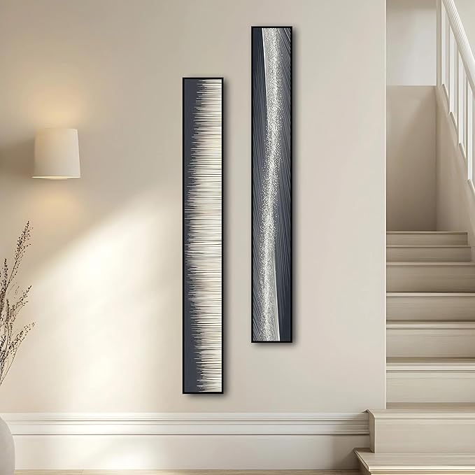 Large Framed Long Narrow Vertical Abstract Wall Art Set of 2, Premium Crystal Porcelain Canvas Prints, Black White Gold Modern Design - Perfect for Entryway, Hallway, Living Room, Bedroom - 63x10 inch