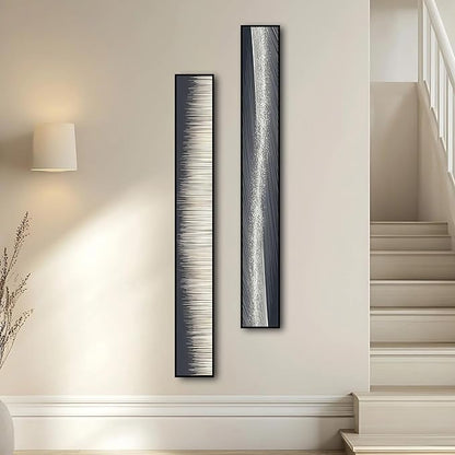 Large Framed Long Narrow Vertical Abstract Wall Art Set of 2, Premium Crystal Porcelain Canvas Prints, Black White Gold Modern Design - Perfect for Entryway, Hallway, Living Room, Bedroom - 63x10 inch