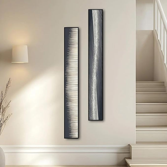 Large Framed Long Narrow Vertical Abstract Wall Art Set of 2, Premium Crystal Porcelain Canvas Prints, Black White Gold Modern Design - Perfect for Entryway, Hallway, Living Room, Bedroom - 63x10 inch