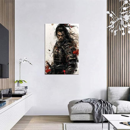 Samurai Canvas Wall Art Japanese Samurai Painting Prints Warrior Katana Picture Bushido Artwork for Bedroom Living Room Office Home Decoration Framed Ready to Hang (28''W x 44''H)