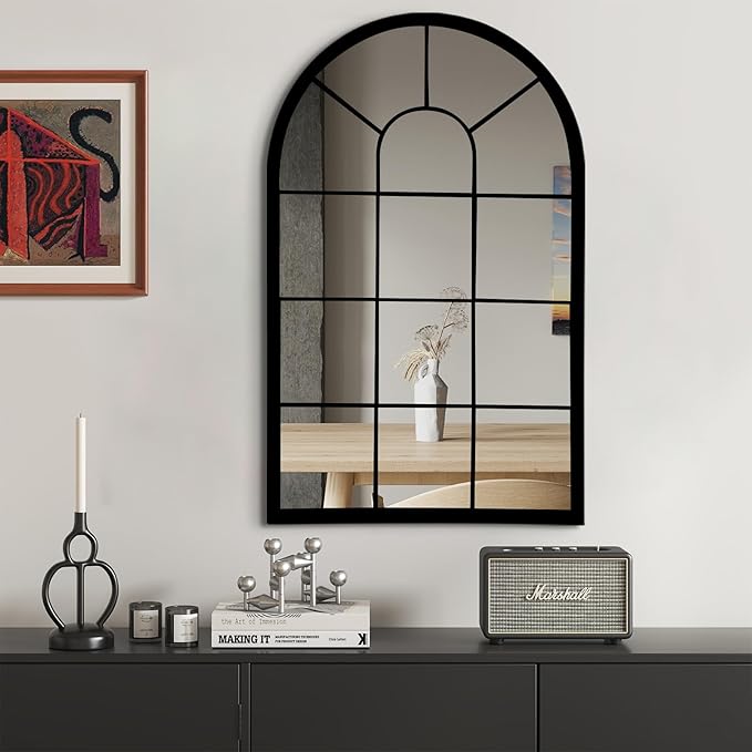 HQiJun Black Arched Window Mirror, Farmhouse Decorative Wall Mirrors for Living Room, Bedroom, Entryway, Bathroom Vanity, Fireplace Mantel, Window Pane Mirror Wall Decor (Black, 31.5 x 20 x1)