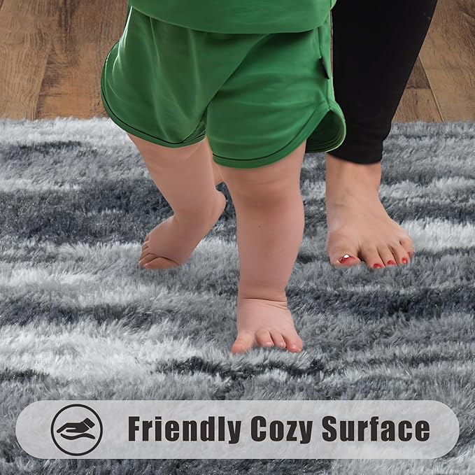 Soft Runner Rugs for Bedroom Hallways, 2x6 Abstract Grey Fluffy Shag Throw Area Rug Non Slip for Bedside Dorm, Long Shaggy Furry Carpet for Nursery Living Room