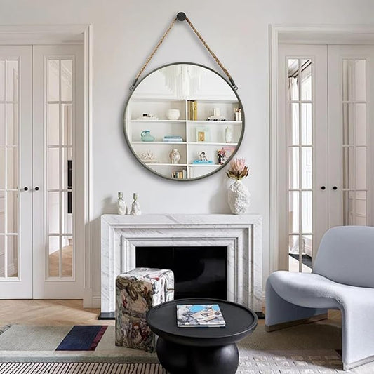 POZINO Round Rope Mirror, 30 Inch Large Circle Farmhouse Mirror, Hanging Mirror for Bathroom Bedroom Living Room Bathroom Entryway Fireplace, Grey