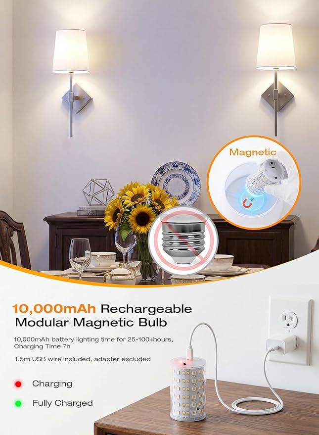 CLOUDY BAY 10000mAh Battery Operated Wall Sconces,Up to 100 Hours with Rechargeable RGB Dimmable Magnetic Bulb,Cordless Wall Lighting Fixtures with Remote for Bedroom,Brushed Nickel,2 Pack-18inch