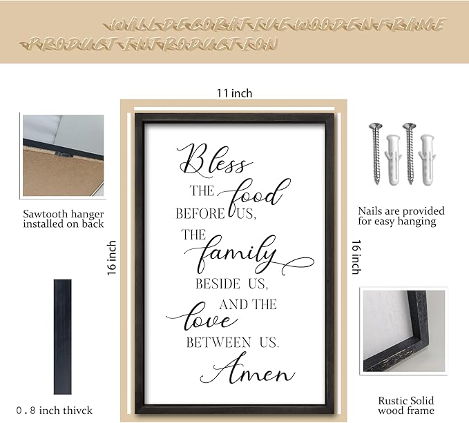 comurdyo Kitchen Wall Decor Bless the Food Before Us Prayer Farmhouse Christian Sign 16"×11" Framed Wood for Small Modern Religious Holy Dining Room Kitchen Plaque Wall Art Hanging (Black)