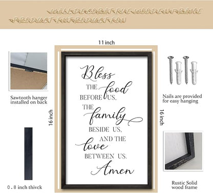 comurdyo Kitchen Wall Decor Bless the Food Before Us Prayer Farmhouse Christian Sign 16"×11" Framed Wood for Small Modern Religious Holy Dining Room Kitchen Plaque Wall Art Hanging (Black)