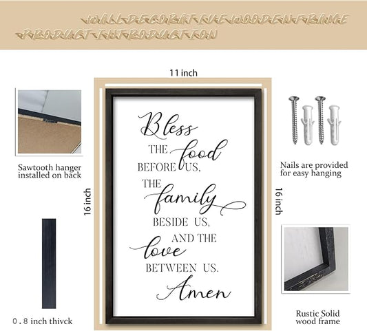 comurdyo Kitchen Wall Decor Bless the Food Before Us Prayer Farmhouse Christian Sign 16"×11" Framed Wood for Small Modern Religious Holy Dining Room Kitchen Plaque Wall Art Hanging (Black)