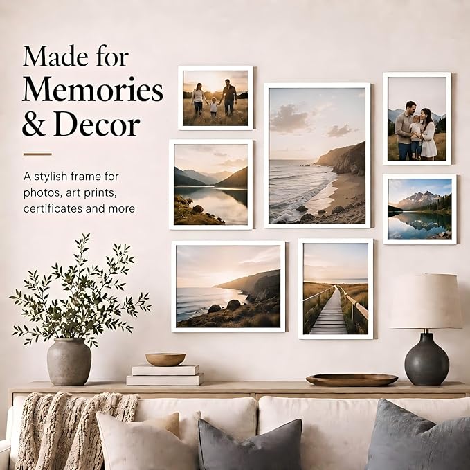 JCJMY 9x11 Picture Frame Set of 6 White for Wall Hanging or Tabletop, Wall Mounting Horizontally or Vertically, 9 x 11 Wall Gallery Poster Photo Frames for 9 by 11 Photo,6 Pack, White