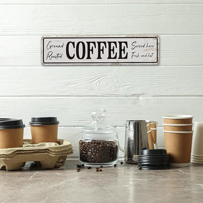 Coffee Signs for Coffees Corner Decor, Ground Roasted Coffee Served Here Sign, Retro Metal Tin Sign, Farmhouse Kitchen Wall Decor, Cafe Decoration, Decorative Metal Wall Signs 15.8x4 Inches